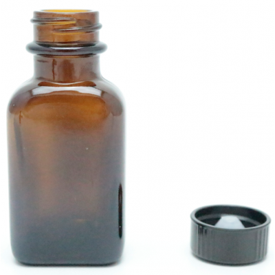 Oblong 1oz Amber Glass Blake Oval Bottles w/ Black Ribbed Phenolic Cone Lined Caps 22/400